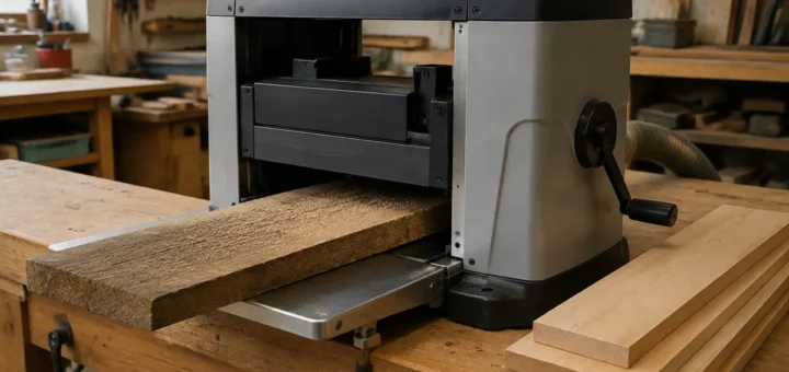 Benchtop thickness planer with infeed table, dust hose and rough and planed boards