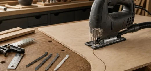 Corded jigsaw on plywood with a curved cut and spare jigsaw blades