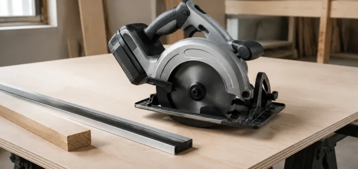Cordless circular saw resting on plywood beside a straightedge and a lumber offcut