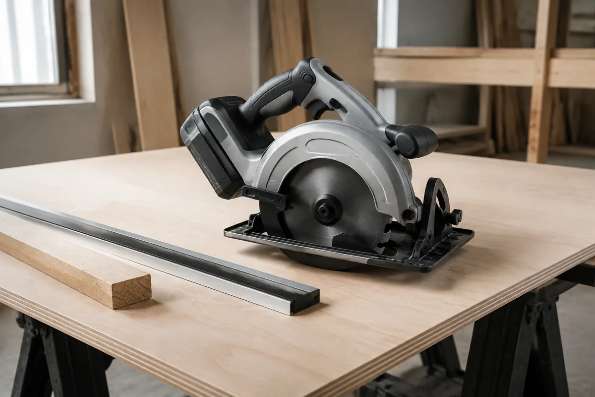 Cordless circular saw resting on plywood beside a straightedge and a lumber offcut