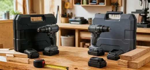 Two cordless drill kits with batteries, chargers and carrying cases on a workbench