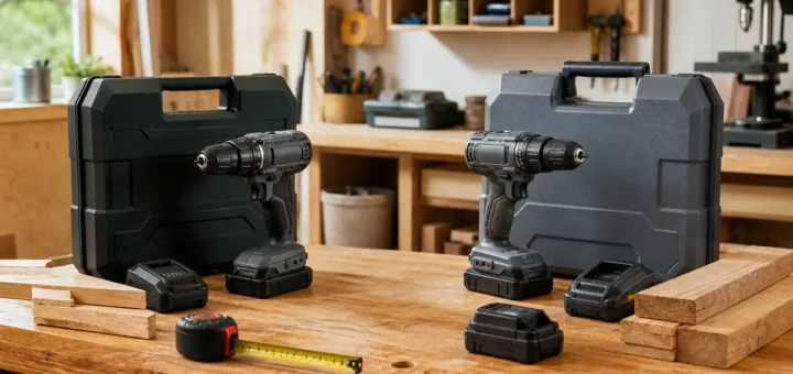 Two cordless drill kits with batteries, chargers and carrying cases on a workbench