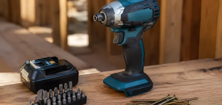 Cordless impact driver with a hex collet beside a battery, driver bits and deck screws