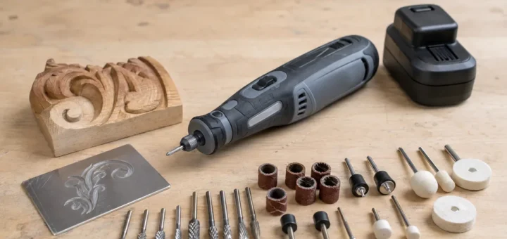 Cordless rotary tool with carving burrs, sanding drums and polishing wheels beside engraved wood and metal