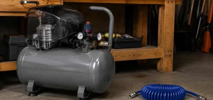 Editorial illustration: portable horizontal-tank air compressor beside a coiled air hose.