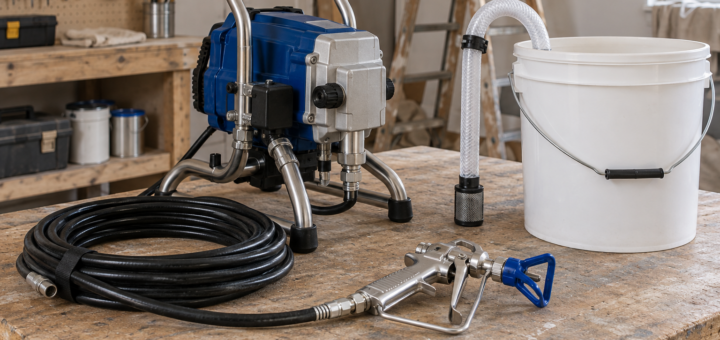 AI-generated editorial illustration of airless paint sprayer