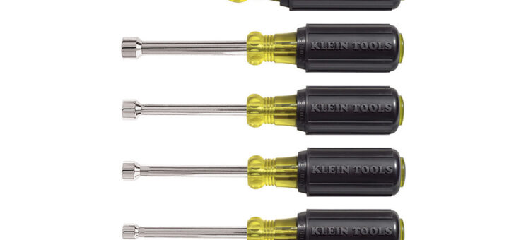 Seven Klein cushion-grip manual nut drivers with fixed shafts