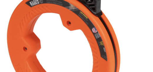Orange-and-black 50-foot steel fish-tape reel with projecting double-loop leader.