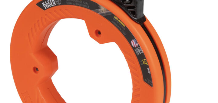Orange-and-black 50-foot steel fish-tape reel with projecting double-loop leader.
