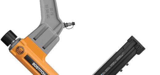 Pneumatic flooring nailer with tall handle, air fitting, mallet-strike cap, angled magazine and flooring shoe.