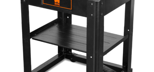 Manufacturer photo of a WEN 6588T steel machine stand with slotted mounting top, lower shelf and rolling base.