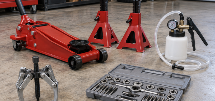 AI-generated editorial illustration of automotive mechanical service tools