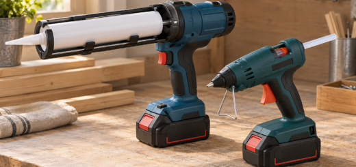 AI-generated editorial illustration of battery caulk and glue guns