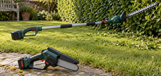 AI-generated editorial illustration of battery pruning saw and pole hedge trimmer