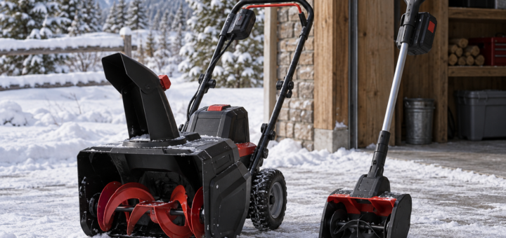 AI-generated editorial illustration of battery snowblower and snow shovel