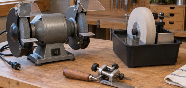 AI-generated editorial illustration of bench grinder and sharpening jig