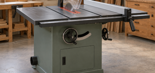 AI-generated editorial illustration of cabinet table saw.