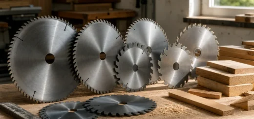 Editorial illustration: several circular saw blades laid out on a workbench.