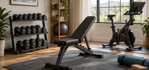 AI-generated editorial illustration of compact home gym