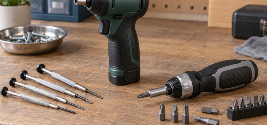 AI-generated editorial illustration of compact screwdriver and precision drivers