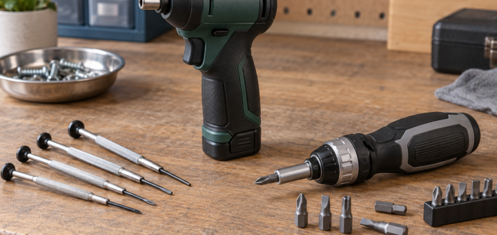 AI-generated editorial illustration of compact screwdriver and precision drivers