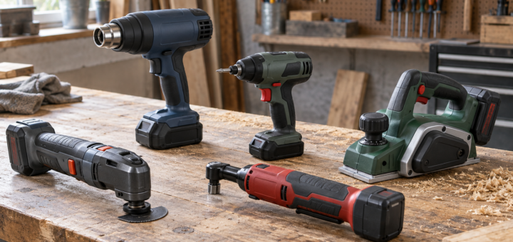 AI-generated editorial illustration of compact specialty power tools