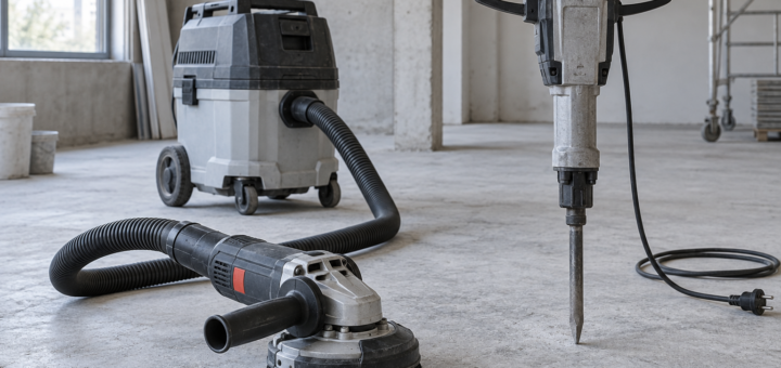 AI-generated editorial illustration of concrete grinder and corded demolition breaker