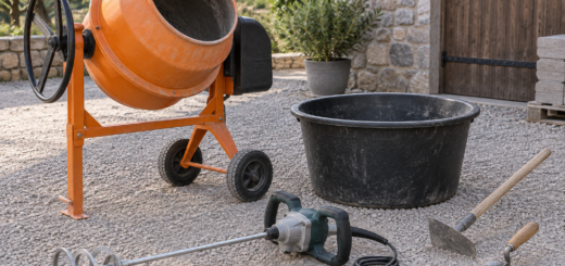 AI-generated editorial illustration of concrete mortar mixing tools
