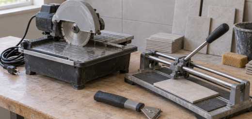 AI-generated editorial illustration of corded tile saw and manual cutter