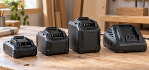 AI-generated editorial illustration: three generic slide-on cordless tool battery packs beside a charger.