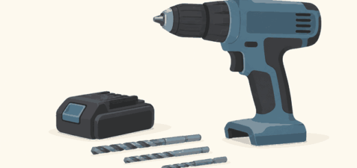 Editorial illustration: unbranded cordless drill beside a detached battery and drill bits.