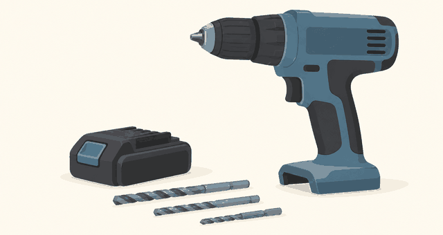 Editorial illustration: unbranded cordless drill beside a detached battery and drill bits.
