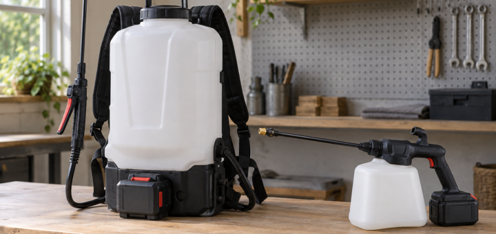 AI-generated editorial illustration of cordless garden sprayers