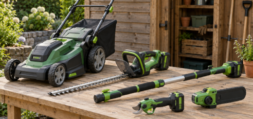 AI-generated editorial illustration of cordless lawn and hedge tools