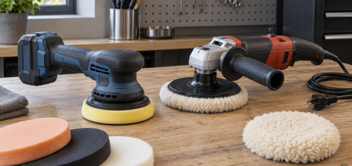 AI-generated editorial illustration of cordless polishers and pads