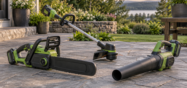 AI-generated editorial illustration of cordless yard tools