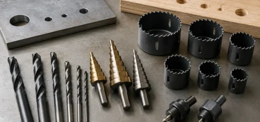 Editorial illustration: twist drill bits, step bits and hole saws beside drilled material samples.