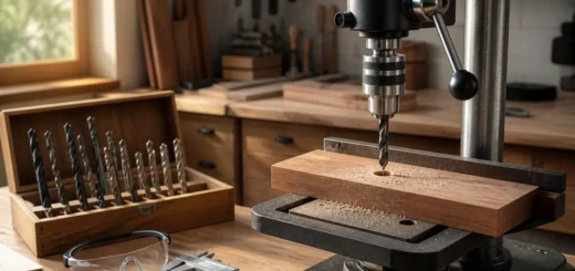 Editorial illustration: drill press with wood securely clamped beneath its chuck.