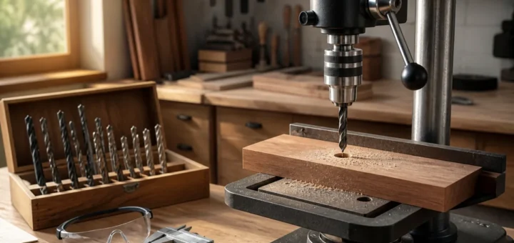 Editorial illustration: drill press with wood securely clamped beneath its chuck.