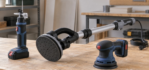 AI-generated editorial illustration of drywall cutout tools and sanders