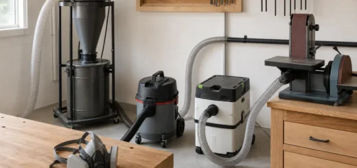 Editorial illustration: woodworking dust extractor, shop vacuum and collection hoses.