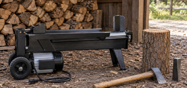 AI-generated editorial illustration of electric log splitter and splitting tools
