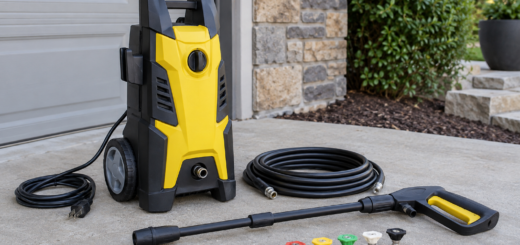 AI-generated editorial illustration of electric pressure washer