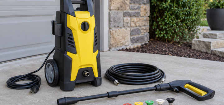 AI-generated editorial illustration of electric pressure washer