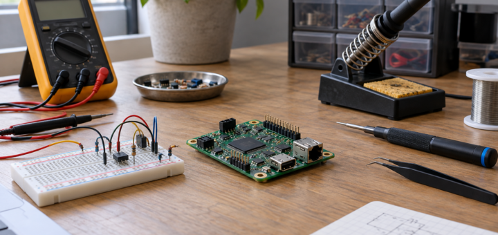 AI-generated editorial illustration of electronics prototyping
