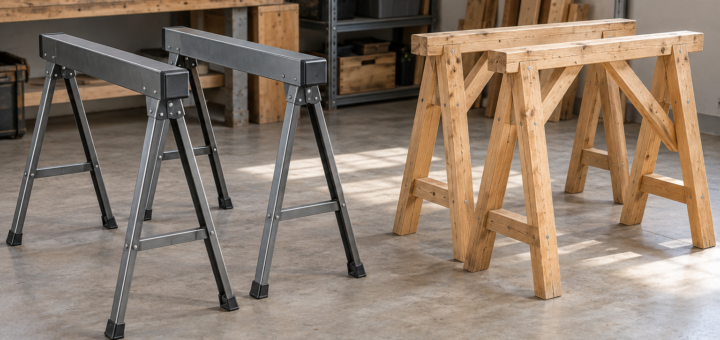 AI-generated editorial illustration of folding and wooden sawhorses