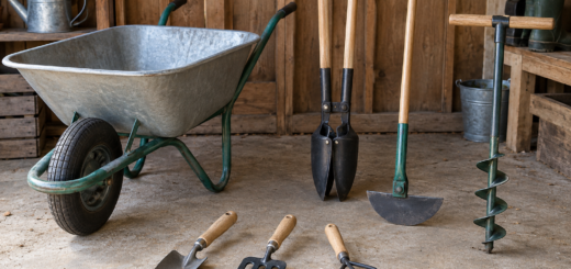 AI-generated editorial illustration of garden handtools and wheelbarrow