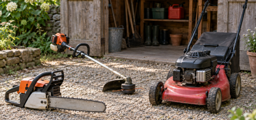 AI-generated editorial illustration of gasoline outdoor power tools