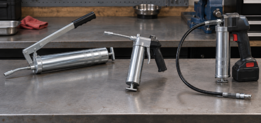 AI-generated editorial illustration of grease guns manual and battery