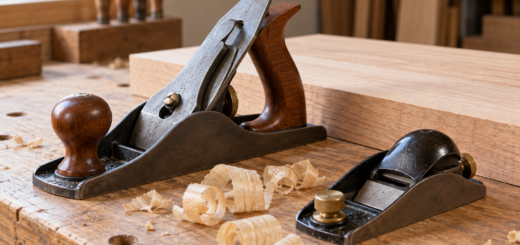 AI-generated editorial illustration: woodworking bench plane and block plane with wood shavings.